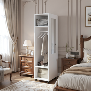 Sunvega Compact White Wardrobe with Integrated Mirror and Ample Shelving for Bedroom