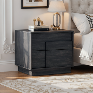 Sunvega Modern Whitewashed Oak Nightstand with Two Push Open Drawers for Bedroom