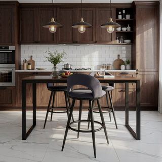 Sunvega Black Metal Bar Stool with Gray Faux Leather and 360-Degree Swivel