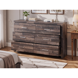 Sunvega Dark Cherry Finish Wooden Dresser with Six Spacious Drawers for Bedroom
