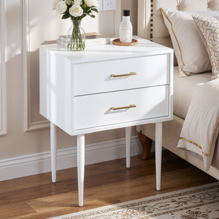 Sunvega Mid-Century Modern White Nightstand with Tapered Legs and Gold Handles