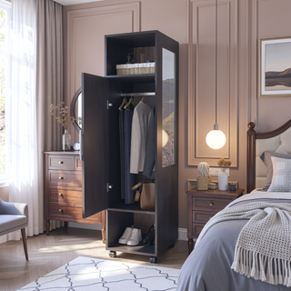 Sunvega 63 Inch Tall Wardrobe Cabinet with Mirror and Three Shelves for Bedroom Storage