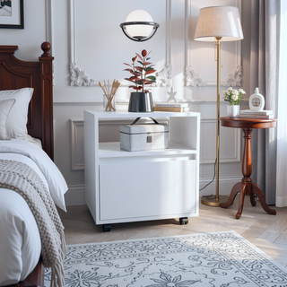 Sunvega Modern White Nightstand with Drawer and Casters for Bedroom Living Room