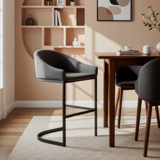 Sunvega Black Metal Bar Stool with Gray Faux Leather Upholstery and Cantilever Base