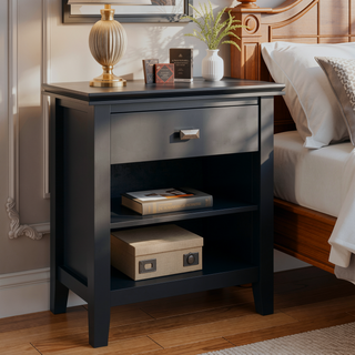Sunvega Black Transitional Wood Bedside Table with Drawer and Storage Shelf