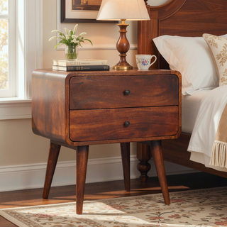 Sunvega Solid Mango Wood Chestnut Bedside Table with 2 Drawers and Nordic Legs