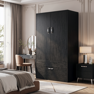 Sunvega Black 70H" Double Door Cabinet with Two Drawers and Metal Handles