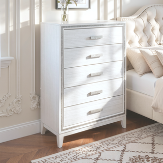 Sunvega White Finish Transitional Glam Nightstand with Spacious 2-Drawer Storage