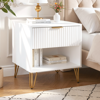 Sunvega Modern Glam Nightstand with Gold Metal Legs and Textured Drawer