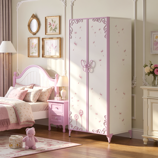 Sunvega White and Purple Butterfly Design Metal Wardrobe with Hanging Rod