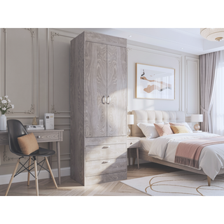 Sunvega Double Door Cabinet with Two Drawers and Integrated Hanging Rod for Bedroom