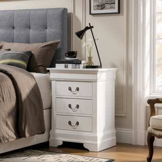 Sunvega Bright White Traditional Nightstand with Three Drawers for Bedroom
