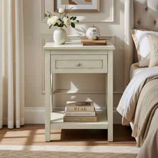 Sunvega Antique White Veneer Transitional End Table with Drawer and Shelf