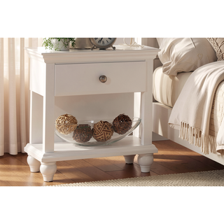 Sunvega Modern White Wooden Nightstand with Drawer and Open Shelf Storage