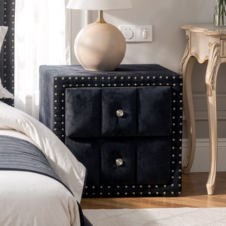Sunvega Beige Contemporary Nightstand with Crystal Knobs and Vertical Tufting