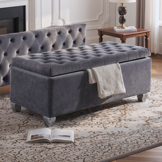 Sunvega Grey Velvet Upholstered Tufted Lift Top Storage Bench with Wooden Legs