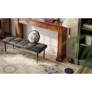 Sunvega 47 Inch Multifunctional Black Shoe Bench with Faux PU Cushion and Gold Accents