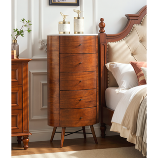 Sunvega Walnut Finish Modern Luxury Chest of Five Drawers with White Marble Top