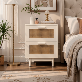 Sunvega Rattan Style Nightstand with 2 Faux Rattan Drawers for Bedroom and Living Room