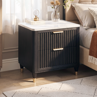 Sunvega Contemporary Black Nightstand with Two Drawers and White Top