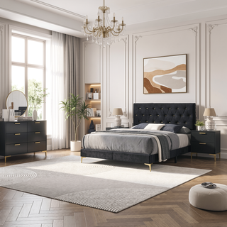 Sunvega Black and Gold 5-Drawer Rectangular Chest with Glamorous Bracket Legs