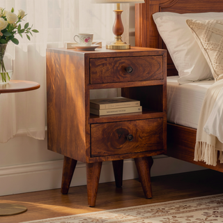 Sunvega Solid Mango Wood Mini Classic Oak-ish Nightstand with Two Drawers and Open Slot