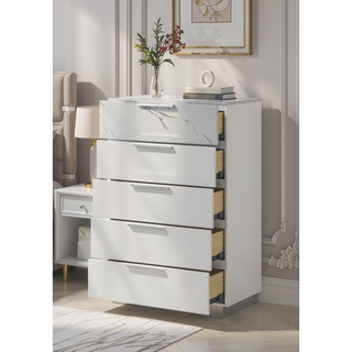 Sunvega Mist Chest White High-Gloss Lacquer Finish with Five Smooth-Glide Drawers