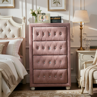 Sunvega Pink 4-Drawer Chest with Crystal Knobs and Fully Padded Case-Legs
