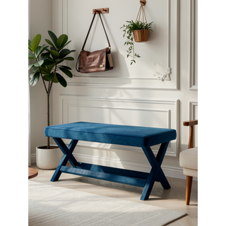 Sunvega Mid-Century Modern Velvet Upholstered Accent Bench with X-Crossed Legs