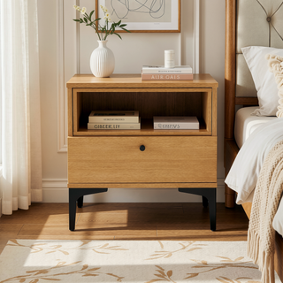 Sunvega Modern Light Oak Nightstand with Drawer and Shelf for Bedroom
