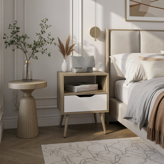 Sunvega Modern Natural Oak and White Nightstand with Drawer and Shelf