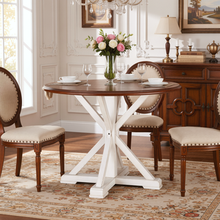 Sunvega Farmhouse Trestle Inspired Pedestal Dining Table with Two Tone Color