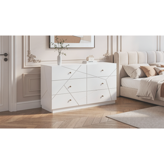 Sunvega White Lacquer Dresser with Six Smooth-Glide Drawers and Marble Accents