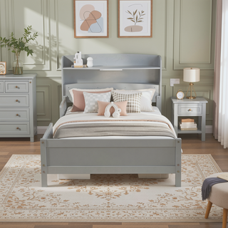 Sunvega Twin Pine Wood Bed with LED Motion Sensor Light and Bookcase Headboard