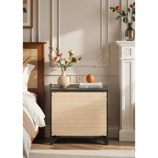 Sunvega Elegant Oak Nightstand with Two Spacious Drawers and Antique Brass Handles