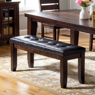 Sunvega Transitional Cherry Finish Wood Dining Bench with Padded Black Synthetic Leather Seat