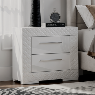 Sunvega White High Gloss Nightstand with Metal Side Glide and 2 Drawers