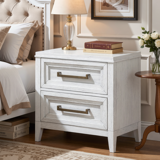 Sunvega Distressed White Nightstand with Two Roomy Drawers and Stepped Design
