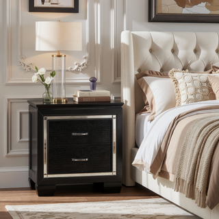 Sunvega Silver Faux Alligator Embossed Nightstand with 2 Dovetail Drawers and LED Lighting