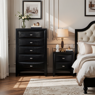 Sunvega Lucille Black Nightstand with Spacious Drawers and Chambered Fronts