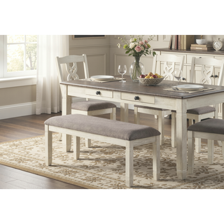 Sunvega Antique White Finish Wooden Bench with Gray Textured Fabric Upholstered Seat