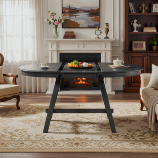 Sunvega Retro Round Extendable Dining Table for Dining Room with Flip Leaves