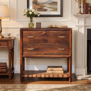Sunvega Modern Woven 2-Drawer Nightstand with Brass Handles and Braided Shelf