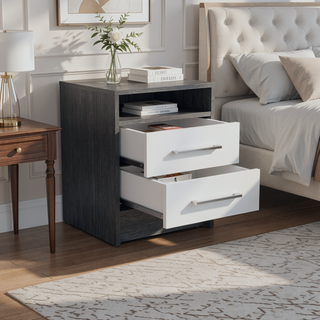 Sunvega Smokey Oak and White Finish Nightstand with Two Drawers and Open Shelf