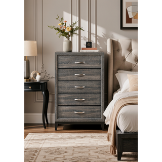 Sunvega Weathered Grey 5-Drawer Chest with Generous Storage and Rustic Charm
