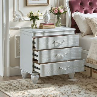 Sunvega Silver Wood Nightstand with Three Metal Drawer Pulls in Landmark Traditional Style