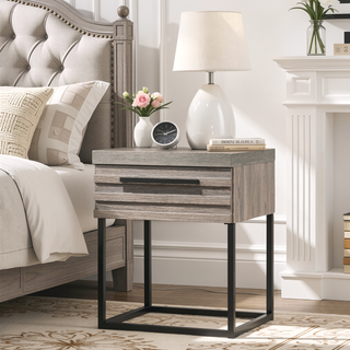 Sunvega Modern Weathered Gray Ash Wood Nightstand with Black Metal Base