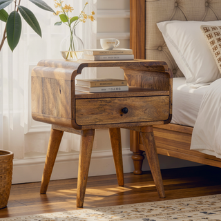 Sunvega Solid Mango Wood Nightstand with Drawer and Shelf in Oak-ish Brown