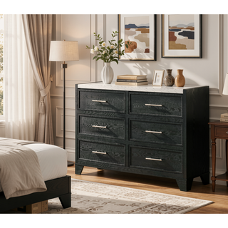 Sunvega Modern Nightstand with Faux Marble Top Two Drawers Black Finish