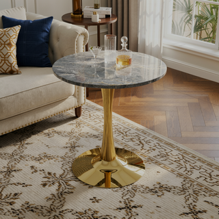 Sunvega Round White Pedestal Side Table with Marble Effect Top for Living Room